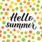 Hello summer calligraphy lettering. Colorful citrus pattern. Seasonal typography poster. Hand written logo design. Vector