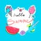 Hello Summer calligraphy with watermelon, donut, ice-cream, cocktail and candyfloss. Vector illustration.