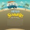 Hello summer! Camper van. Summer vacation. Wide copy space for text.