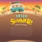 Hello summer! Camper van. Summer vacation. Wide copy space for text.