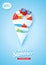 Hello summer card banner with ice cream cone shape paper art on