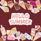 Hello Summer Card design for your text. cupcakes with cream, ice cream in waffle cones, ice lolly Kawaii with pink cheeks and wink