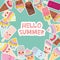 Hello Summer Card design for your text. round frame, wreath. cupcakes, ice cream in waffle cones, ice lolly Kawaii with pink cheek