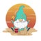 Hello summer cartoon cute gnome builds a sand castle on the beach at sunset background