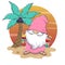 Hello summer cartoon cute leprechaun drinking cocktail and eating ice cream on the beach with sunset and palm tree background