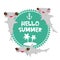 Hello Summer Cartoon gray Smooth hammerhead Winghead shark Kawaii with pink cheeks and winking eyes smiling. Round card design, ba