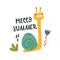 Hello summer. cartoon snail, flowers, hand drawing lettering, decor elements. Summer colorful vector illustration, flat style.