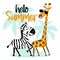 Hello Summer- cartoon zebra and giraffe on island.