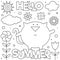 Hello summer. Coloring page. Vector illustration. Sun, clouds, flowers, cat.