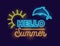 Hello Summer Creative Banner with Highly Detailed Realistic Neon Glowing Sun and Dolphin on Dark Blue Background. Shiny Colorful