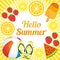 Hello summer. Cute background with beach stuff and summer fruits.