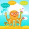 Hello Summer Cute Banner With Octopus. Vector Tentacle. Funny Cartoon Octopus Character Design.