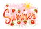 Hello summer. Funny cartoon dynamic strawberry meets summer on a grunge background. Positive characters are suitable for print,