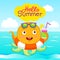 Hello Summer! Funny Vector Background With Octopus Slice In Glasses, Speech Bubble And Hand Written Text `Hello Summer`.