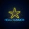 Hello summer glowing neon sign with sea star symbol. Summer leisure club emblem. Vector illustration