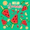 Hello summer greeting card with hand-drawn letters on a green background with watermelon ice cream, lime Vector