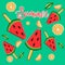 Hello summer greeting card with hand-drawn letters on a green background with watermelon ice cream, lime Vector