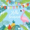 Hello Summer greeting card, invitation, invitations with hand drawn palm leaves, flowers, flamingo bird and party flags