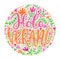 Hello Summer hand drawn lettering inscription in Spanish language. Flower, leaves colourful circle background. Floral design for