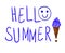 `Hello summer` handwritten blue letters on white background.