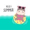 Hello summer holiday. Cute hippo wear bikini and swim ring cartoon.