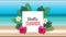 Hello summer holiday poster with lettering and tropical flowers on the beach scene