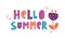 Hello summer, horizontal hand drawn text with cute fantasy flower. Flat vector poster, print, postcard. Bright color lettering.