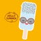 Hello Summer ice cream, ice lolly blue, Kawaii with sunglasses pink cheeks and winking eyes, pastel colors on oranje background. V
