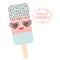 Hello Summer ice cream, ice lolly blue pink, Kawaii with sunglasses pink cheeks and winking eyes, pastel colors on white backgroun