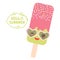Hello Summer ice cream, ice lolly green pink, Kawaii with sunglasses pink cheeks and winking eyes, pastel colors on white backgrou