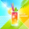 Hello summer - illustration. Cocktail glass on a abstract background. 80`s retro style illustration. Tropical vacation flat design