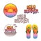 Hello Summer illustration set - logo, text, flip flops - painted with sunset colors