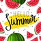 Hello Summer inscription on the background of watermelon