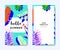 Hello summer invitation card template design, tropical plants on cyan, colorful vibrant tones