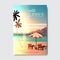 Hello summer landscape palm tree beach umbrella badge design label. season holidays lettering for logo, templates