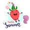 Hello Summer, lettering. Strawberry on a rubber ring Unicorn. Vector illustration in cartoon flat style.