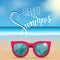 Hello summer lettering, sunglasses. Tropical background, blue ocean landscape