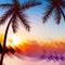 Hello Summer Lettering vacation and travel. Tropical poster with sunset or sunrise bright background and palm exotic island