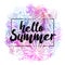 Hello Summer. Modern calligraphic design with trendy tropical background, exotic leaves on bright colorful watercolor