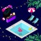 Hello summer night pool party with tropical decoration