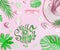 Hello summer. Pastel pink womans accessories: straw hat with sunglasses , sea shells and green tropical leaves on pink background
