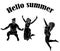 Hello summer - people jumping and enjoying the friends time. best for your next travel project