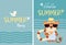 Hello summer. Postcard with cute tiger in sunglasses, hat, beachwear and life buoy with seagull. Vector illustration