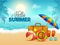 Hello Summer poster, banner or flyer design with travelling box, umbrella and other elements.