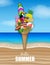 Hello summer poster with beach elements in ice cream shape on beach background