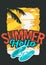 Hello Summer Poster Design With Sunrise Above The Water And Flip Flops Slippers Beach Shoes Illustrations.