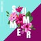 Hello Summer Poster. Floral Design with Pink Hibiscus Flowers for T-shirt, Fabric, Party, Banner, Flyer. Tropical