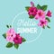 Hello Summer Poster. Floral Design with Purple Hibiscus Flowers for T-shirt, Fabric, Party, Banner, Flyer, Greetings