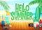 Hello Summer Poster Landscape Seashore Resort View with Palm Trees, Umbrella, Bench, Mas