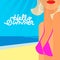 Hello summer poster, portrait of hot girl with red lips on a beach in pink bikini, vector illustration.